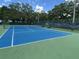 A full view of the community tennis court with a bright blue playing surface, surrounded by a green fence and trees at 164 Royal Palm Dr, Leesburg, FL 34748