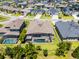 Aerial view of homes in neighborhood with screened in pools, beautifully landscaped lawns, and neighborhood layout at 17290 Hickory Wind Dr, Clermont, FL 34711