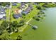 Aerial view of a lakeside property with a private dock, manicured lawn, and a house with a screened-in pool at 5005 Shore Side Dr, Lakeland, FL 33812