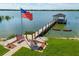 Beautiful lake view featuring a private dock with covered seating area and American flag waving in the breeze at 5005 Shore Side Dr, Lakeland, FL 33812