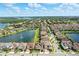 Expansive aerial shot displaying a large community filled with houses and lakes under a bright blue sky at 7613 Wandering Way, Orlando, FL 32836