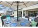An overhead view of the outdoor seating and dining under a large umbrella by the pool at 7613 Wandering Way, Orlando, FL 32836