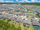 Community aerial view showcasing homes, a lake, and nearby commercial buildings at 9426 Launch Point Rd, Orlando, FL 32832