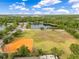 An aerial view of the recreational area, featuring a baseball field, pond, and lush greenery at 9846 Palmetto Dunes Ct, Orlando, FL 32832