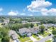 Aerial shot of a two-story home in a residential neighborhood with mature trees, showcasing community landscape at 9846 Palmetto Dunes Ct, Orlando, FL 32832