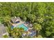 Aerial view of community pool, clubhouse, blue lounge chairs, and beautiful palm trees at 2280 San Vital Dr # 101, Kissimmee, FL 34741