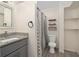 Cozy bathroom featuring modern fixtures, a granite countertop, and a shower with a patterned curtain at 5420 Lido St, Orlando, FL 32807