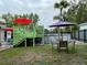 Backyard featuring a deck, above ground pool, with seating and colorful umbrellas to enjoy time outdoors at 1310 Briarwood Ave, Deltona, FL 32725