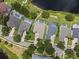 Aerial shot of homes with pools, showcasing neighborhood layout and proximity to lake at 13838 Bluebird Park Rd, Windermere, FL 34786