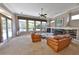 Cozy living room featuring a fireplace, plush seating, and sliding glass doors at 204 Quail Trail Ct, Lake Mary, FL 32746