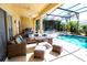 Covered outdoor patio featuring ample seating overlooking the pool at 331 Bridgewater Dr, Davenport, FL 33897