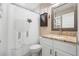 Bathroom with granite countertop vanity, modern toilet, and decorative shower curtain at 700 Old Geneva Rd, Geneva, FL 32732