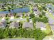Aerial view showcasing the neighborhood with mature trees, a pond, and well-maintained homes at 315 Belhaven Falls Dr, Ocoee, FL 34761
