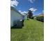 Well-maintained backyard featuring lush green grass and manicured bushes and a white wall at 732 Palma Dr, Lady Lake, FL 32159