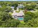 Aerial shot showcasing a beautiful screened-in pool home in a leafy neighborhood at 8625 Vista Point Cv, Orlando, FL 32836