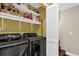 Updated black stainless steel washer and dryer with storage shelving in this convenient laundry room at 1217 Salerno Ct # 1217, Orlando, FL 32806