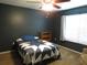 Bedroom with dark walls, a bed with a star quilt, ceiling fan, and natural light from the window at 1420 Center St, Ocoee, FL 34761