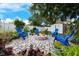 Relaxing backyard featuring a cozy fire pit area with blue Adirondack chairs at 415 Eastbridge Dr, Oviedo, FL 32765