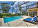 Beautiful screened-in pool and spa area featuring comfortable lounge chairs and outdoor dining at 5368 Oakbourne Ave, Davenport, FL 33837