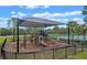 Community playground with slides and benches, surrounded by fencing and a lush green landscape at 5917 Coquyt Dr, Mount Dora, FL 32757