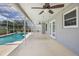 Covered patio with ceiling fans and a view of the pool and manicured yard at 16243 Wilkinson Dr, Clermont, FL 34714