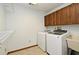 Laundry room featuring washer, dryer, utility sink, shelving, and wood cabinets at 173 Tollgate Br, Longwood, FL 32750