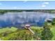 Scenic aerial view of a lake with a gazebo on the pier, surrounded by lush greenery and residential homes at 1813 Glenbay Ct, Windermere, FL 34786