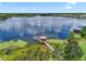 Aerial view of a lake and gazebo extending into the water, surrounded by lush landscaping at 1813 Glenbay Ct, Windermere, FL 34786