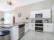 Contemporary kitchen featuring stainless steel appliances, white cabinetry, and a convenient breakfast bar at 207 Langham Dr, Davenport, FL 33897