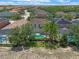Aerial view of homes with screened-in pools, lush landscaping, and a tree-lined street at 5172 Oakbourne Ave, Davenport, FL 33837