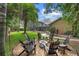 Seating area with a firepit provides a relaxing atmosphere amidst lush greenery, and mature trees at 1689 Wingspan Way, Winter Springs, FL 32708
