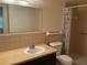 Standard bathroom with a single sink vanity, toilet, and tiled shower with a patterned shower curtain at 228 Everest Pt # 108, Casselberry, FL 32707