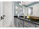 Bathroom featuring gray cabinets, a black countertop, and a silver-framed mirror at 2388 Baronsmede Ct, Winter Garden, FL 34787