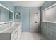 Bathroom with modern white vanity, a walk-in shower featuring designer tilework, and a frosted window at 4398 Fox Hollow Cir, Casselberry, FL 32707