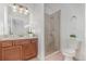 Bathroom featuring granite countertops, wood cabinets, and a walk-in shower at 1350 Lyndale Blvd, Winter Park, FL 32789