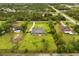 Aerial view of a property featuring a home with solar panels, a pool, and spacious green lawns surrounded by trees at 18920 Overton St, Orlando, FL 32833