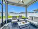 Comfortable screened patio with ceiling fan, seating area, and views of the backyard at 3849 Kimbolton Way, Sanford, FL 32773