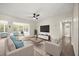 Bright living room featuring hardwood floors, a ceiling fan, and modern furniture with light blue accents at 4714 Abaca St, Orlando, FL 32808