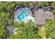 Aerial view of the sparkling pool with lounge chairs surrounded by mature trees at 5263 Images Cir # 306, Kissimmee, FL 34746