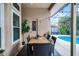 Outdoor patio area with dining set, ceiling fan, and view of the screened pool at 14634 Astina Way, Orlando, FL 32837
