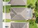 An aerial rooftop view showcasing a home with a screened-in pool, surrounded by greenery in a quiet neighborhood setting at 3504 Cayugas Loop, St Cloud, FL 34772