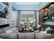 Sophisticated living room boasts high ceilings, stylish furnishings, and a view of the outdoor pool at 4007 Grande Brick Loop # 13, Orlando, FL 32837
