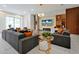Spacious living room with modern decor, fireplace, sleek furniture, and bright light fixture at 4429 Ganesha Loop, Kissimmee, FL 34746