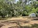 View of the shed on the wooded property featuring mature trees and leaf-covered ground at 63 Lake Wood Cir, Ocala, FL 34482
