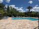 Relaxing swimming pool with plenty of lounge chairs, framed by lush landscaping and a beautiful blue sky at 650 Shropshire Loop, Sanford, FL 32771