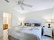 Bright bedroom with ceiling fan, plush bedding, and en-suite bathroom access at 1008 Jackson St, The Villages, FL 32162
