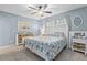 Comfortable bedroom with neutral carpet, white furniture, ceiling fan, and wall art at 141 N Hill Ave # 141, Deland, FL 32724