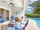 Back porch with ceiling fan provides relaxing views of the swimming pool and backyard at 14529 Falling Tree Ct, Orlando, FL 32837