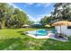 Relaxing backyard oasis featuring a sparkling pool, sun umbrellas, and ample green space for outdoor enjoyment at 1206 Culver Rd, Orlando, FL 32825