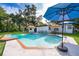 Inviting pool area with brick trim, blue umbrellas, and ample space for outdoor relaxation and entertainment at 1206 Culver Rd, Orlando, FL 32825